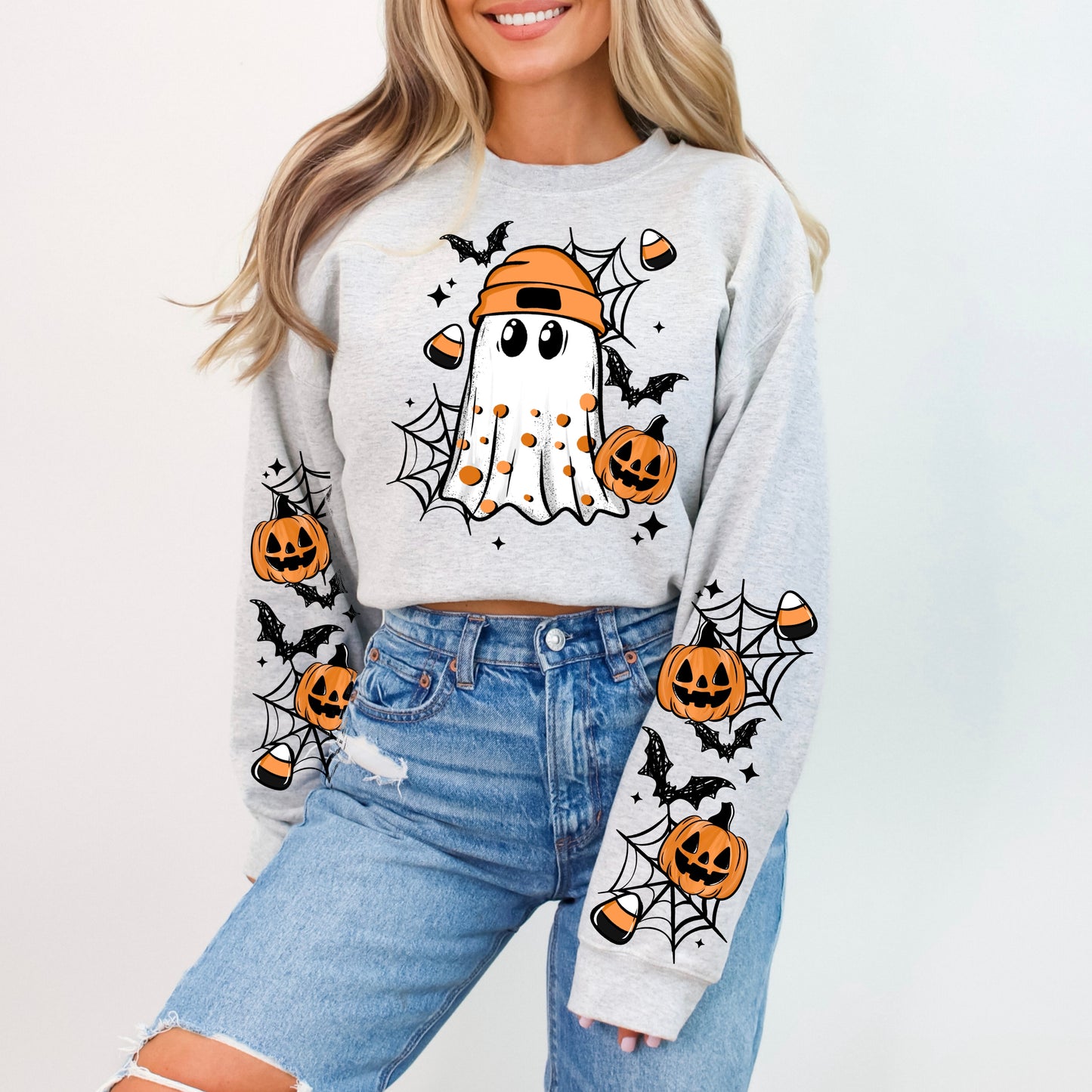 Cute Halloween Ghost Pumpkin Sleeve Print Crewneck Sweatshirt π»ππΈοΈ