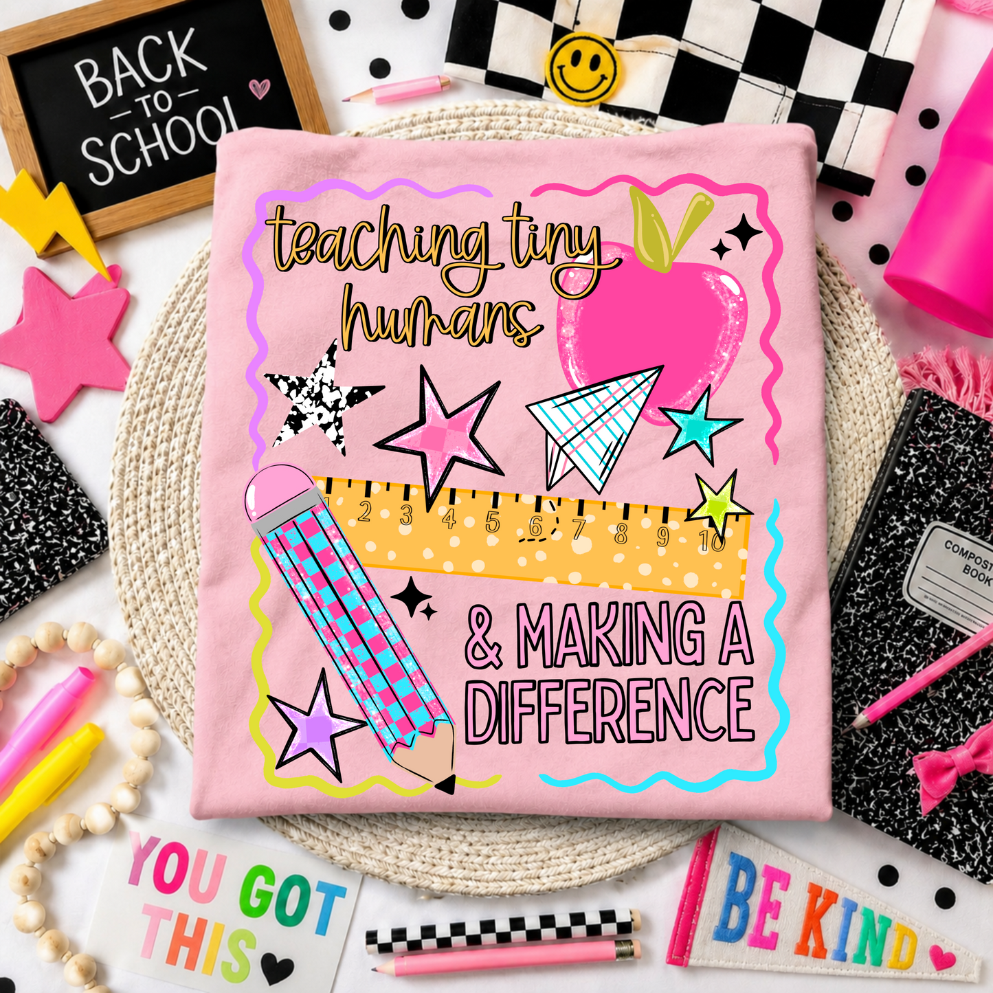 Teaching Tiny Humans & Making a Difference Teacher Graphic T-Shirt | Cute Teacher Tee