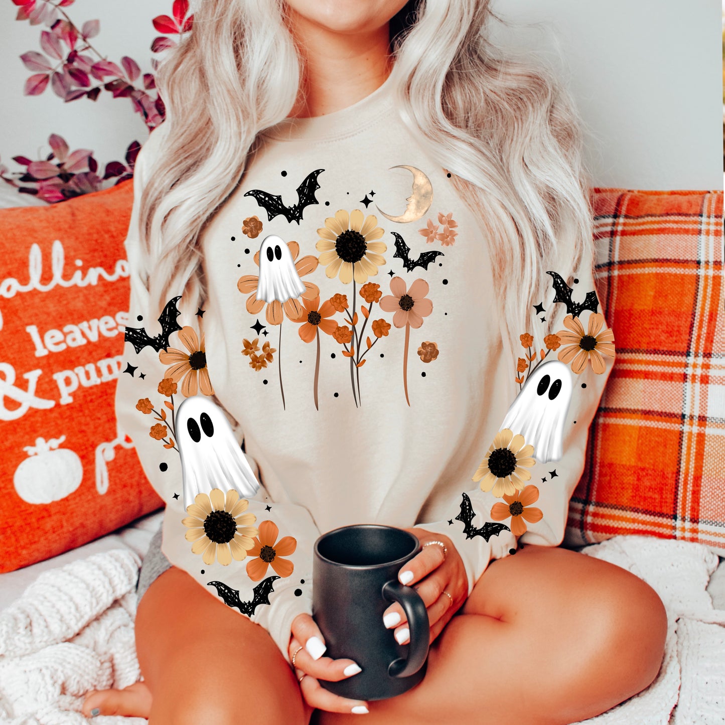 Boho Floral Ghost Halloween Sleeve Print Crewneck Sweatshirt π»πΌπ¦π
