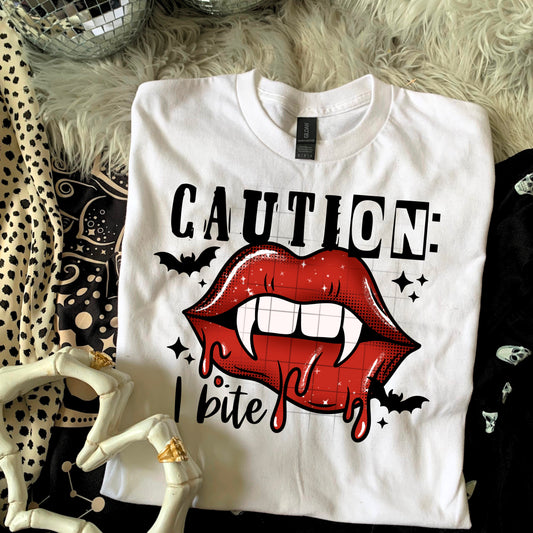 Caution I Bite Vampire Lips Graphic Tee π§ββοΈ