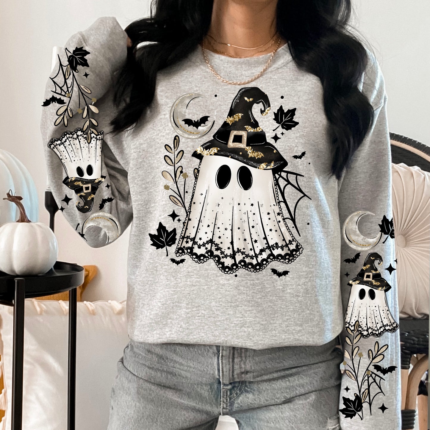 Spooky Ghost Witch Sweatshirt | Vintage Lace Ghost & Moon Halloween Crewneck