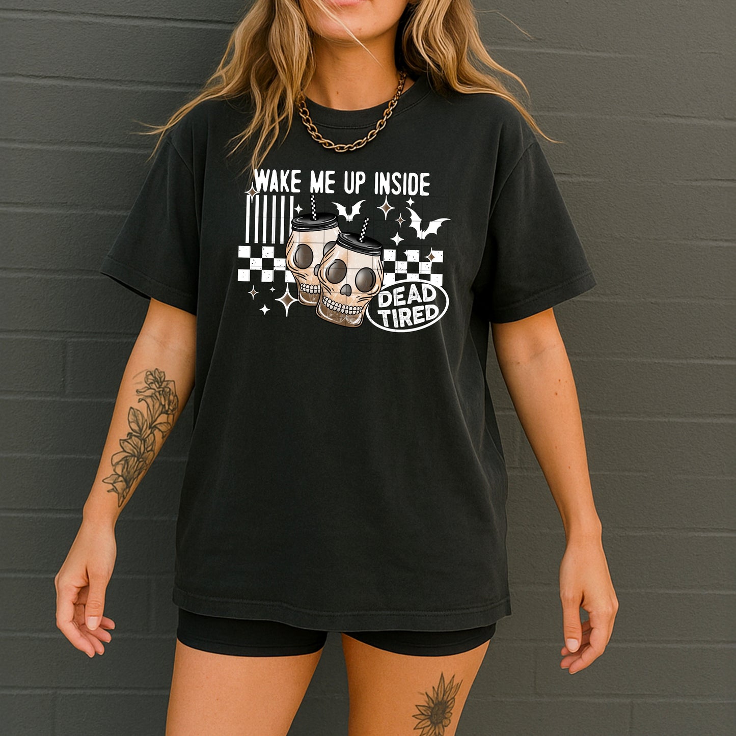 Wake Me Up Inside Tee 💀☕✨ Dead Tired Coffee Shirt 🖤 Retro Spooky Vibes