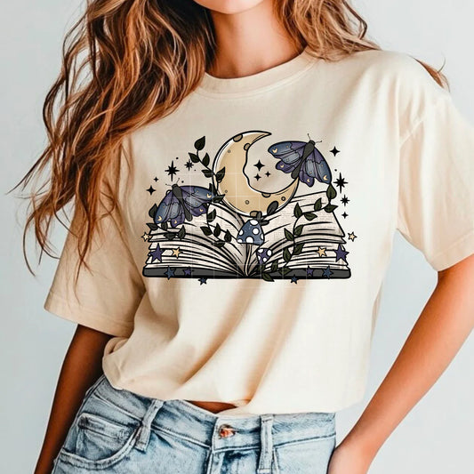 Cottagecore Open Book Moon Moths w/ Sleeves Womens Graphic T-shirt/Crewneck