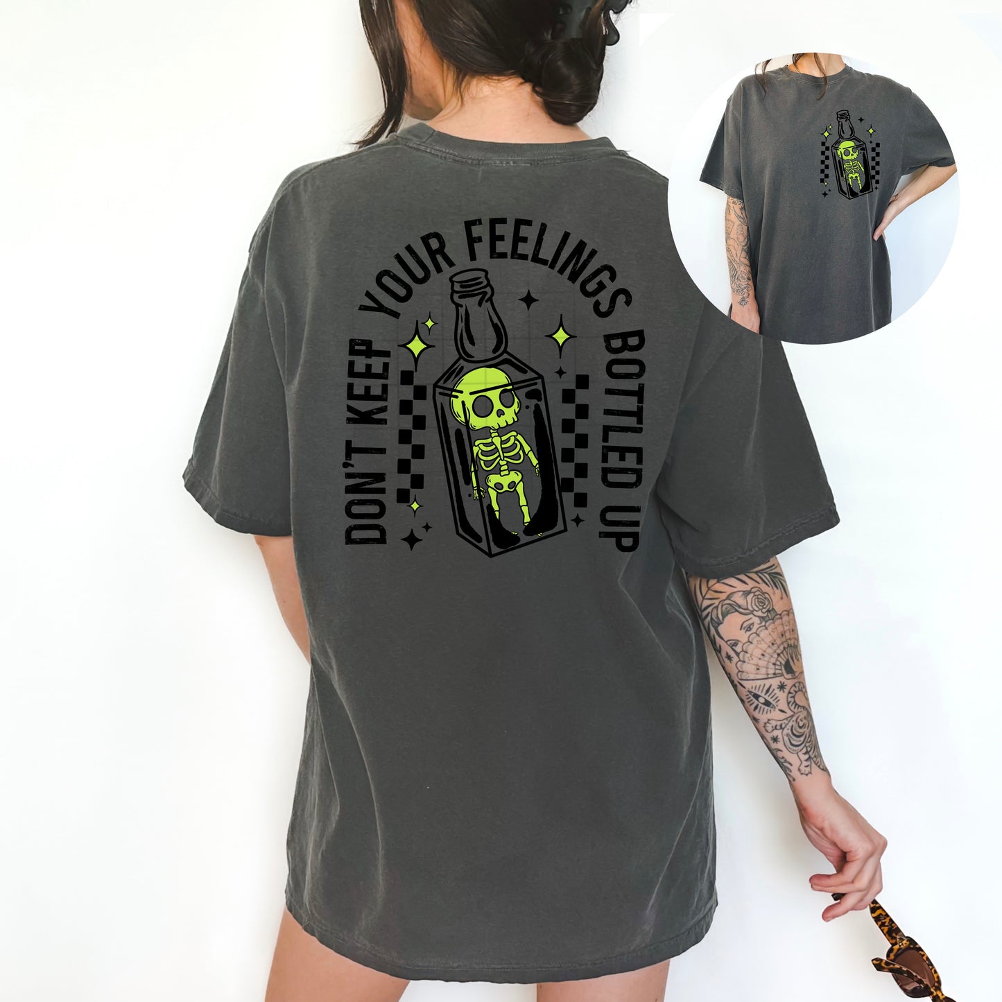 Don't Keep Your Feelings Bottled Up Skeleton Graphic Tee | Halloween Comfort Colors Shirt | Spooky Pocket & Back Print Tee | Skeleton Bottle Shirt | Funny Gothic Graphic Tee ππ§ͺπ€