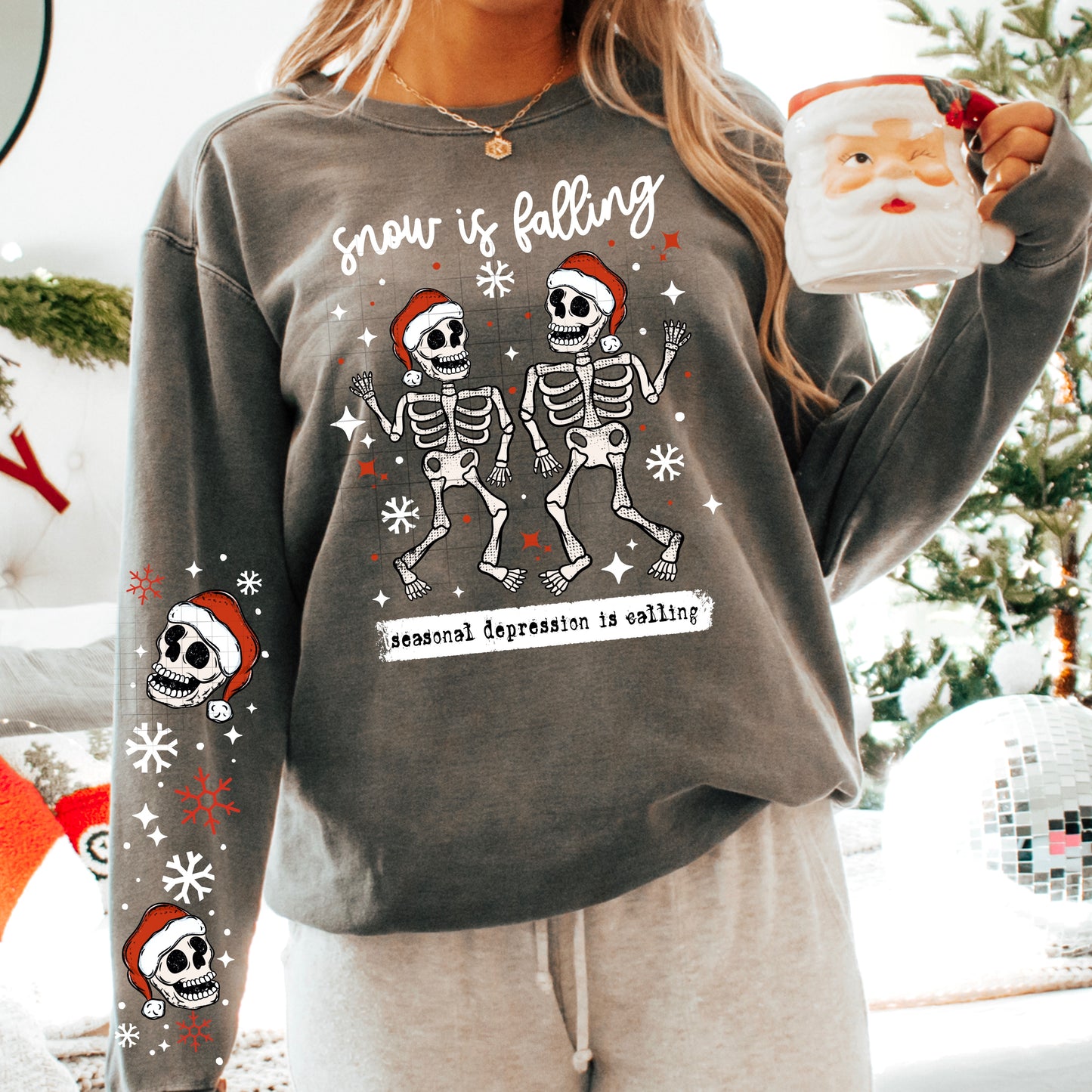 Snow Is Falling Skeleton Sweatshirt with Sleeves βοΈππ Seasonal Depression Holiday Crewneck