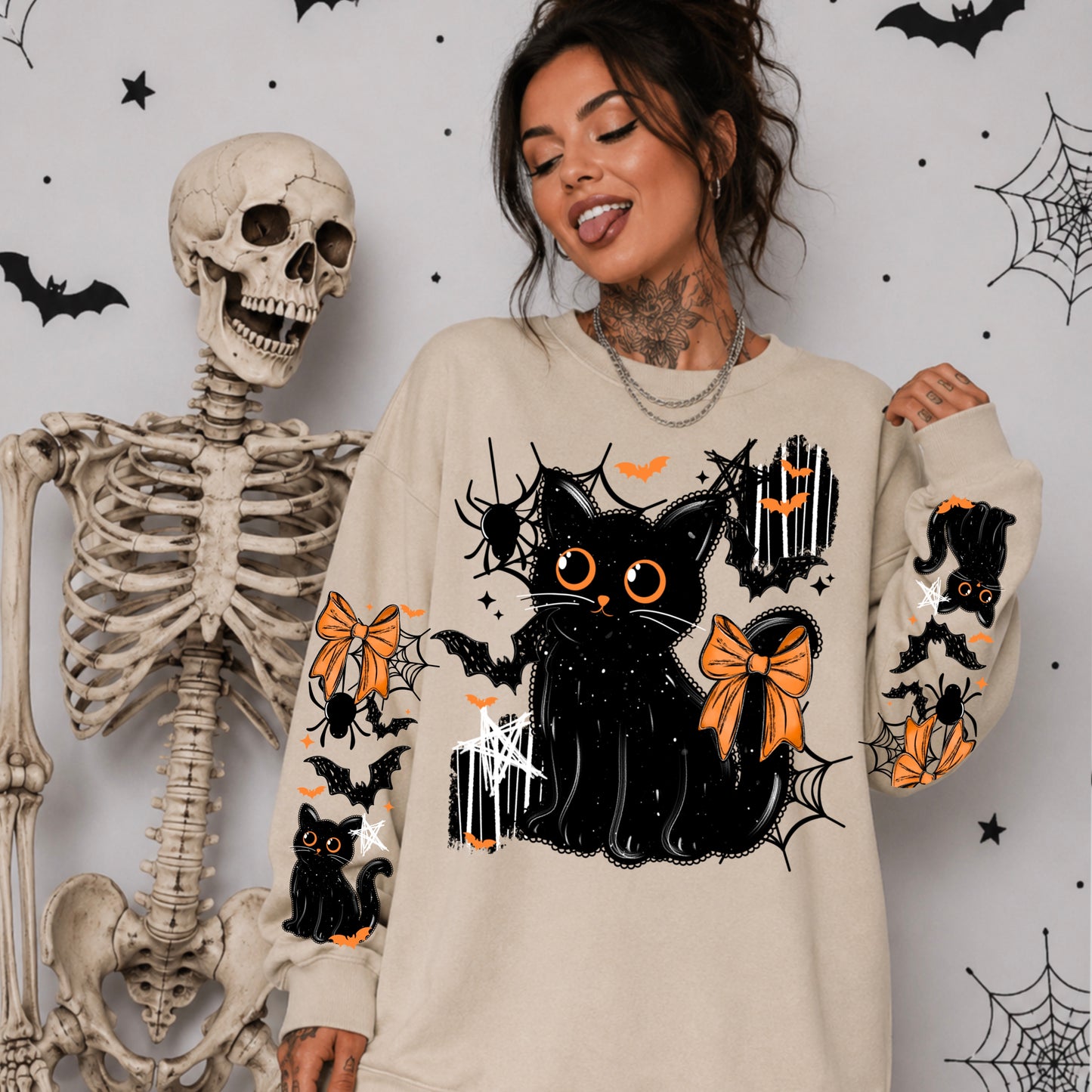 Spooky Black Cat Bows & Bats Halloween Crewneck Sweatshirt πββ¬ππ¦πΈοΈ