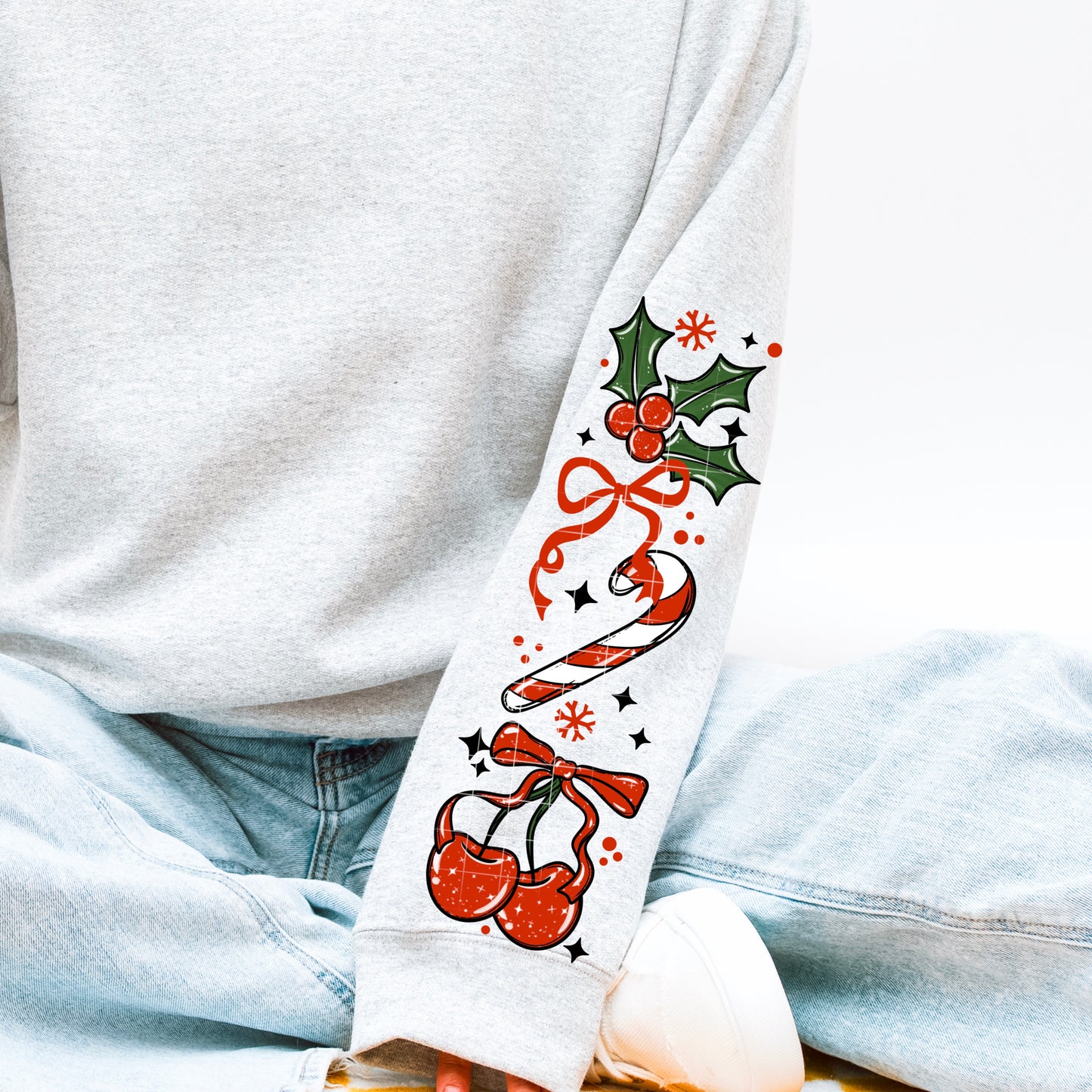 Christmas Cute Sleeve Sweatshirt πβ¨ Candy Cane + Holly Cozy Holiday Crewneck