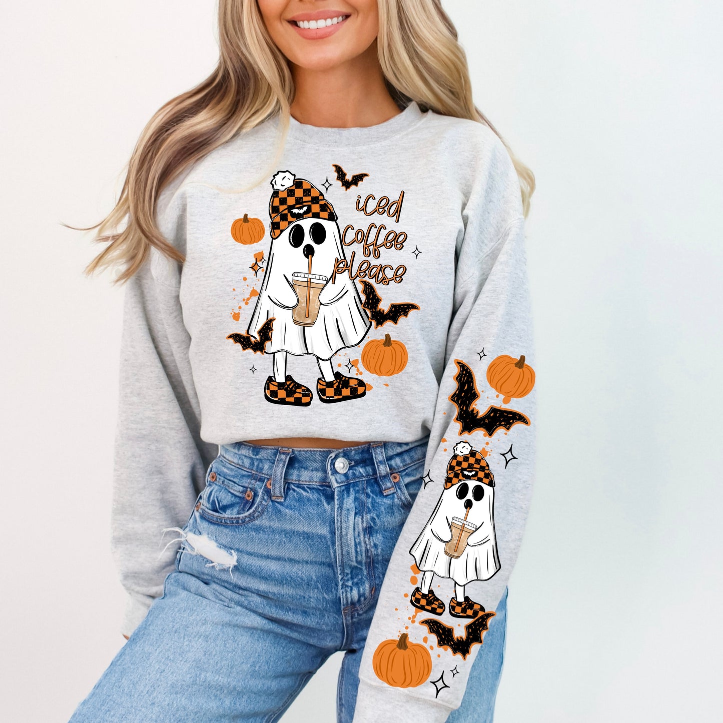 Iced Coffee Please Ghost Halloween Crewneck Sweatshirt π»βπ