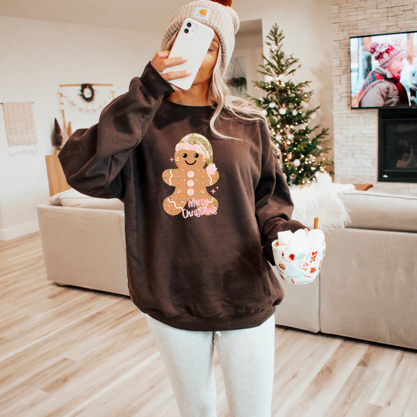πͺβ¨ Gingerbread Merry Christmas Sweatshirt β Cute Pink & Gold Holiday Pullover