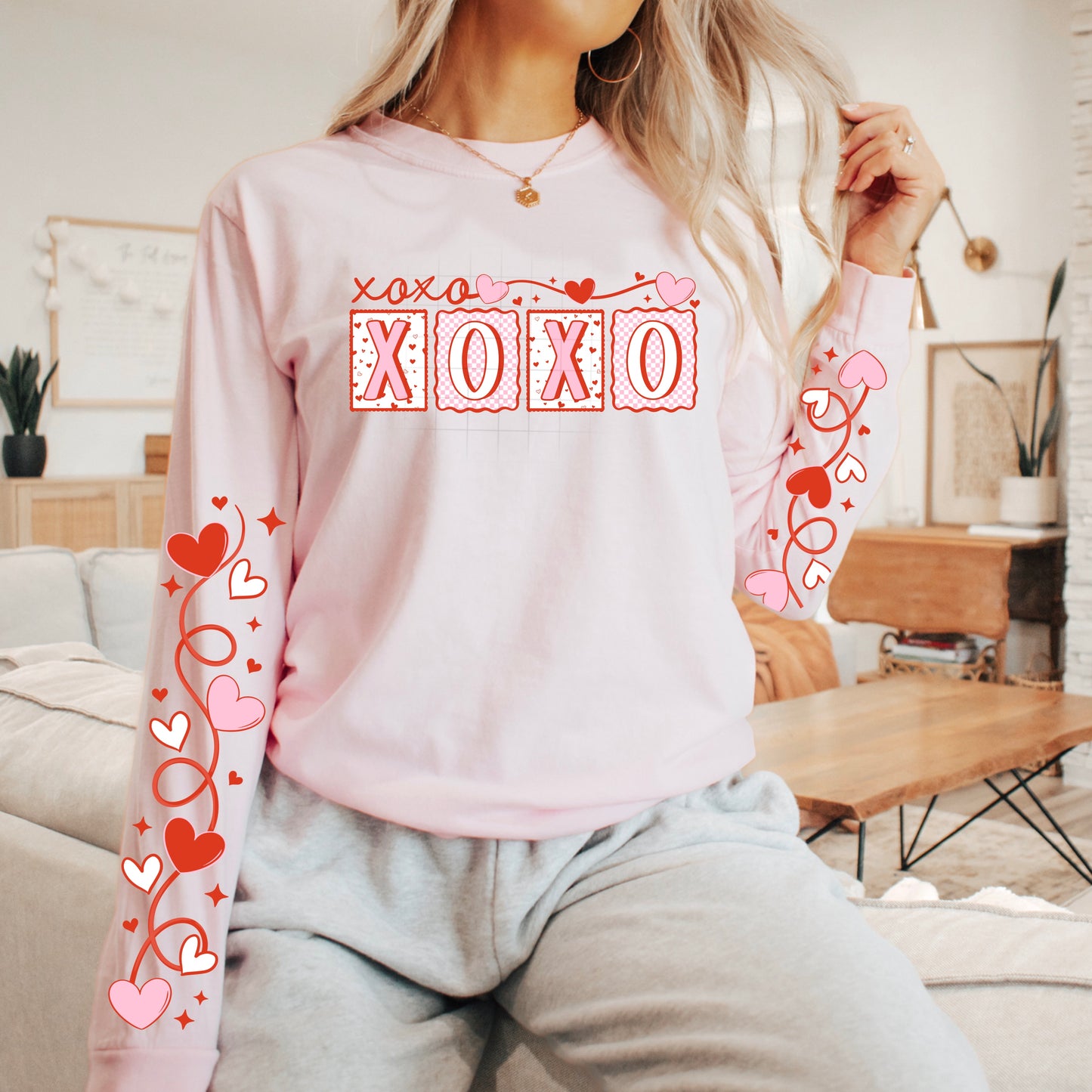 XOXO Valentine Sweatshirt – Pink Love Crewneck with Heart Sleeves