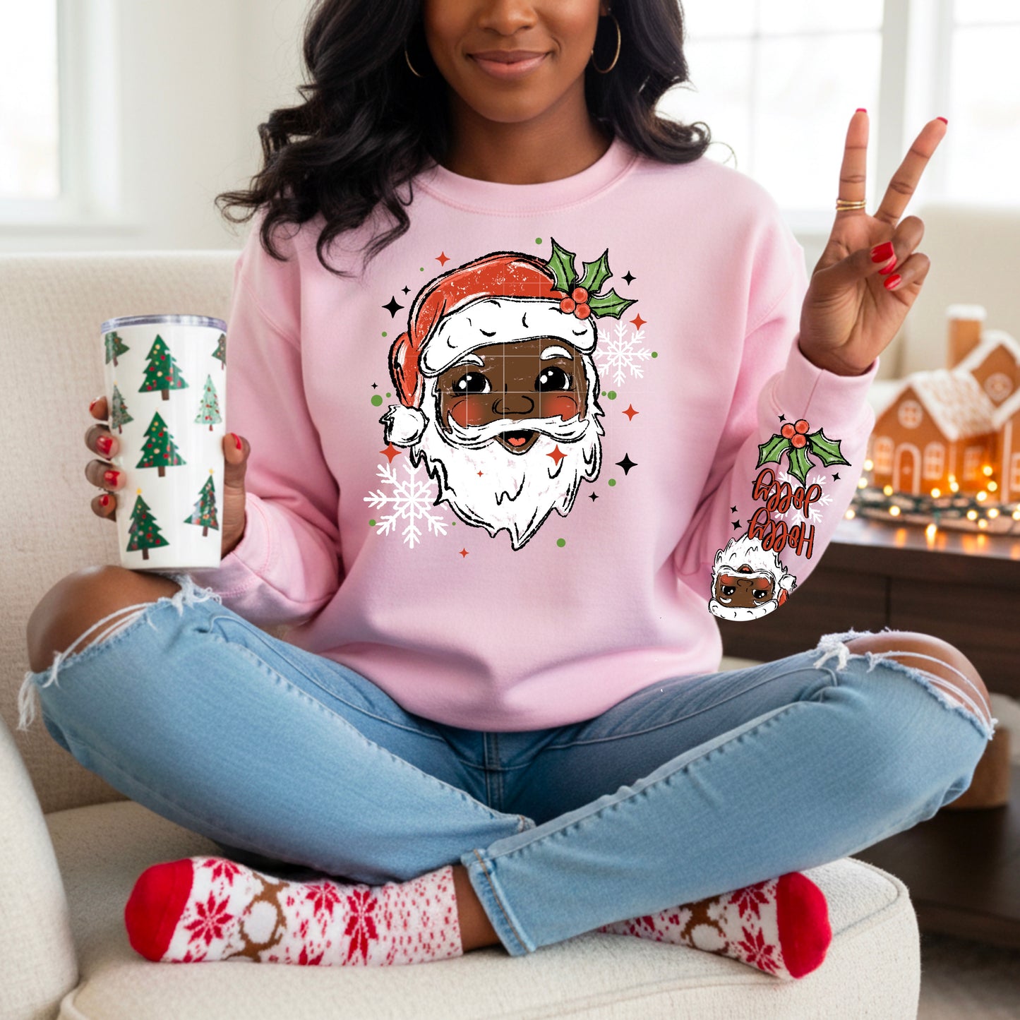 π
π Pink Merry Christmas Santa Sweatshirt β Festive Sleeve Print Holiday Pullover