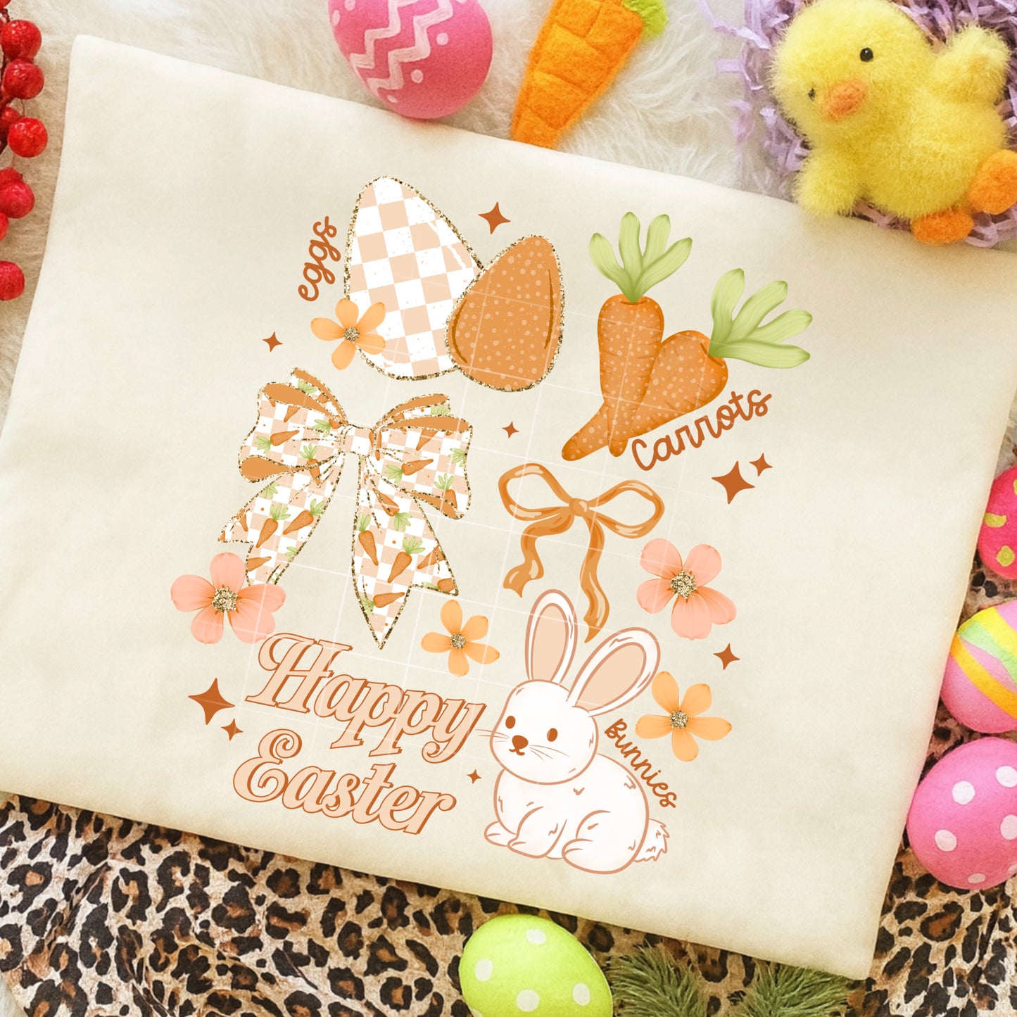 Happy Easter Graphic T-Shirt – Bunny, Eggs & Carrots Design