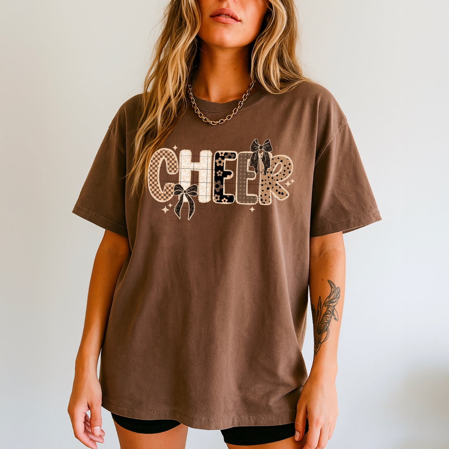 📣 CHEER Retro Patchwork Graphic Tee 🤎 Cheerleader Aesthetic T-Shirt ✨ Game Day Spirit Shirt