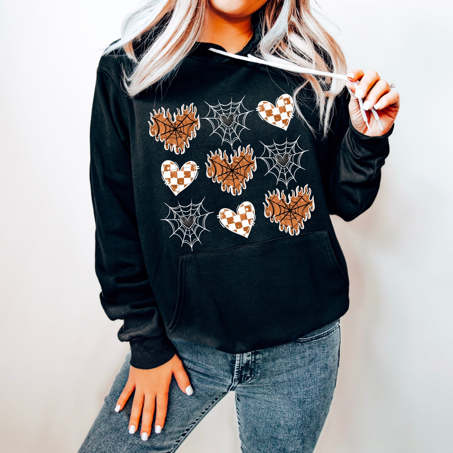 Flame Hearts and Webs Brown Women's Graphic Hoodie