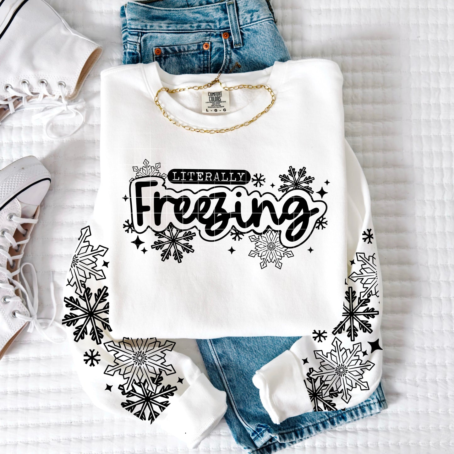 ❄️ Product Title: Literally Freezing Sweatshirt | Snowflake Sleeve Winter Crewneck | Cozy Cold Weather Pullover With Sleeves