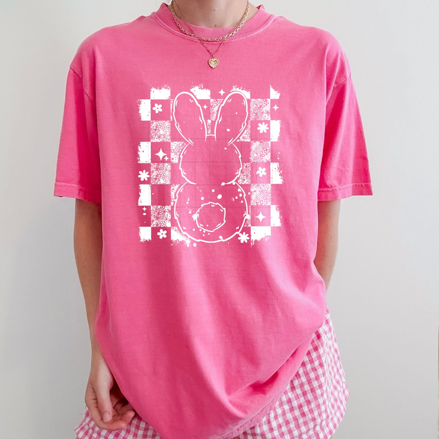 Cute Easter Bunny Shirt | Retro Checkered Bunny Graphic Tee