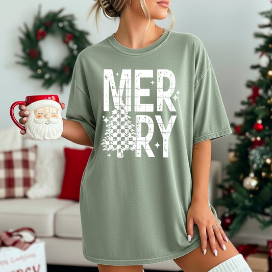 π€ Merry Christmas Tee π Checkered Tree Graphic Shirt β¨ Neutral Holiday Aesthetic T-Shirt
