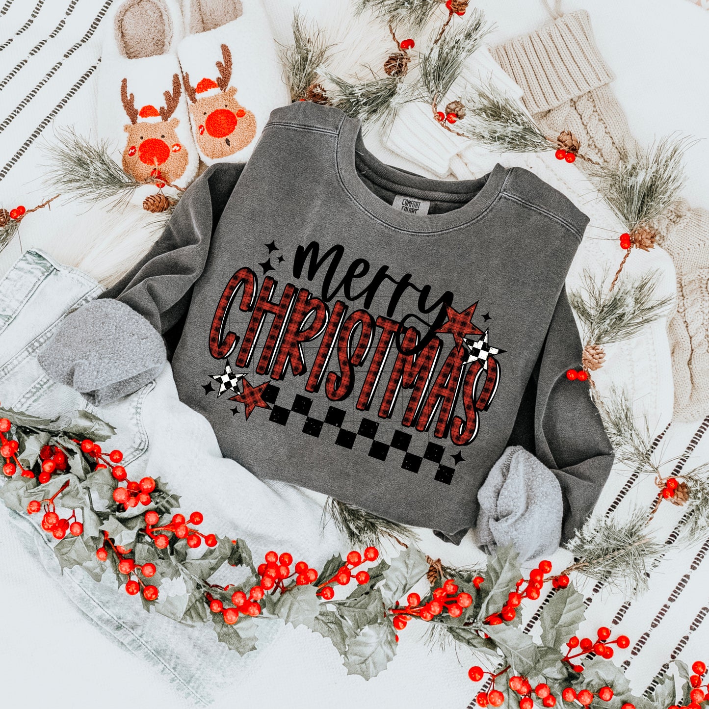 π Merry Christmas Sweatshirt β Retro Plaid Christmas Crewneck | Checkered Holiday Sweater with Stars | Cozy Unisex Winter Pullover