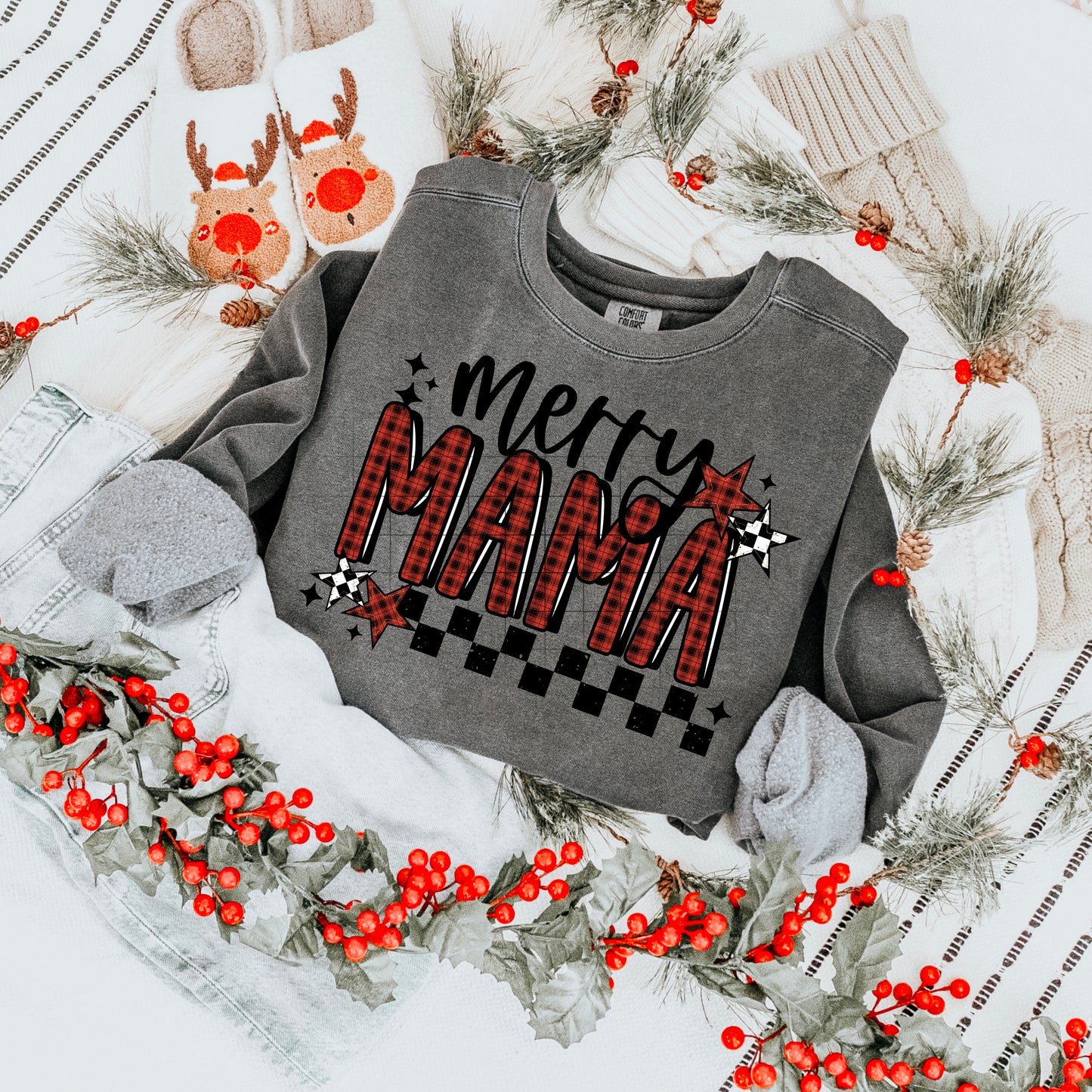 π Merry Mama Sweatshirt β Plaid Christmas Mama Crewneck | Retro Checkered Holiday Sweater | Cozy Unisex Winter Pullover