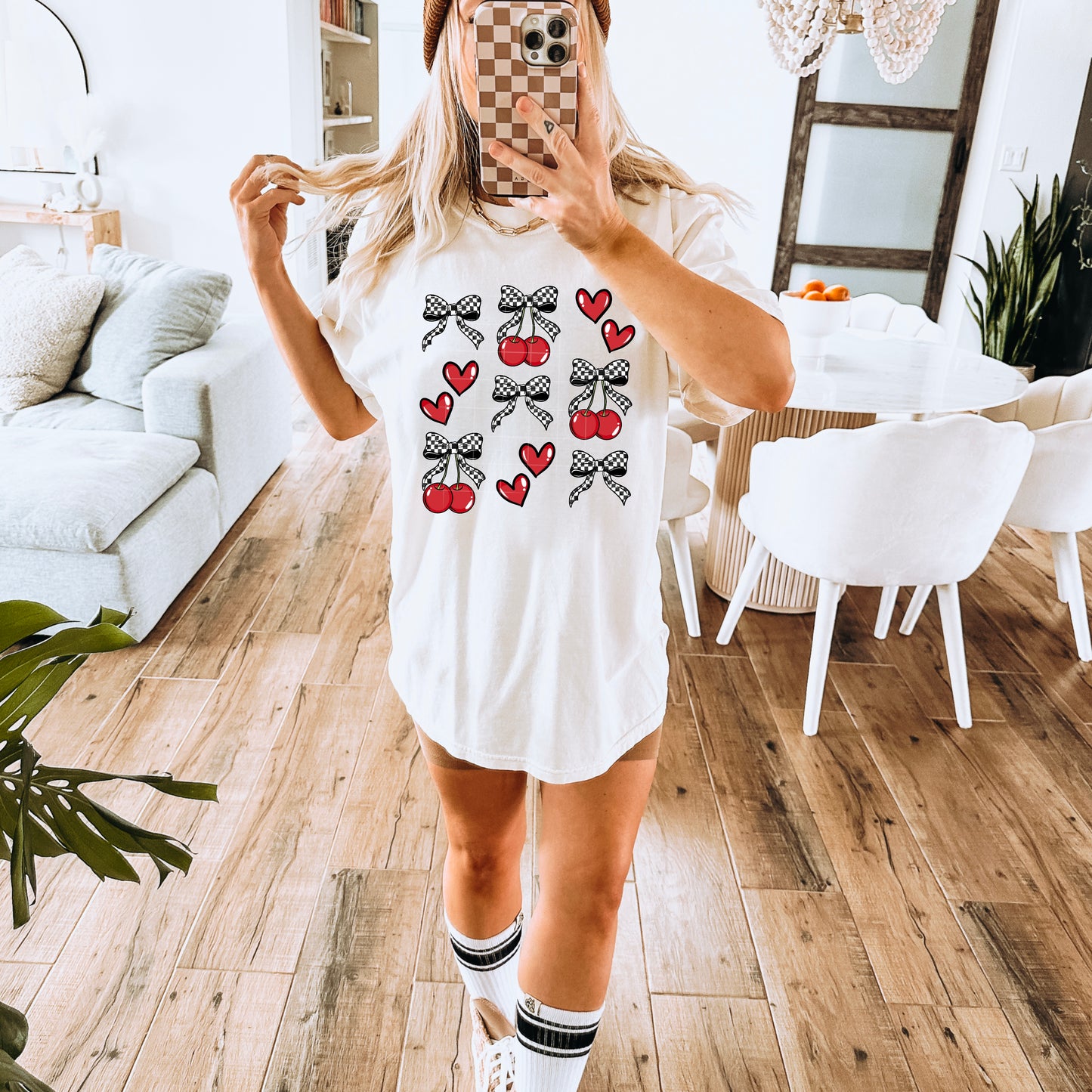 Cherry Checkered Bows Womens Graphic T-shirt