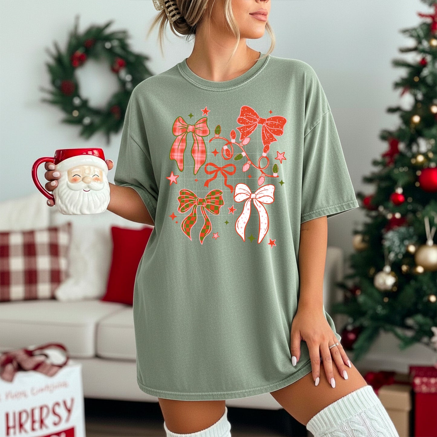 🎀 Christmas Bows T-Shirt – Festive Holiday Bow Graphic Tee | Plaid & Polka Dot Bows | Cozy Unisex Christmas Top