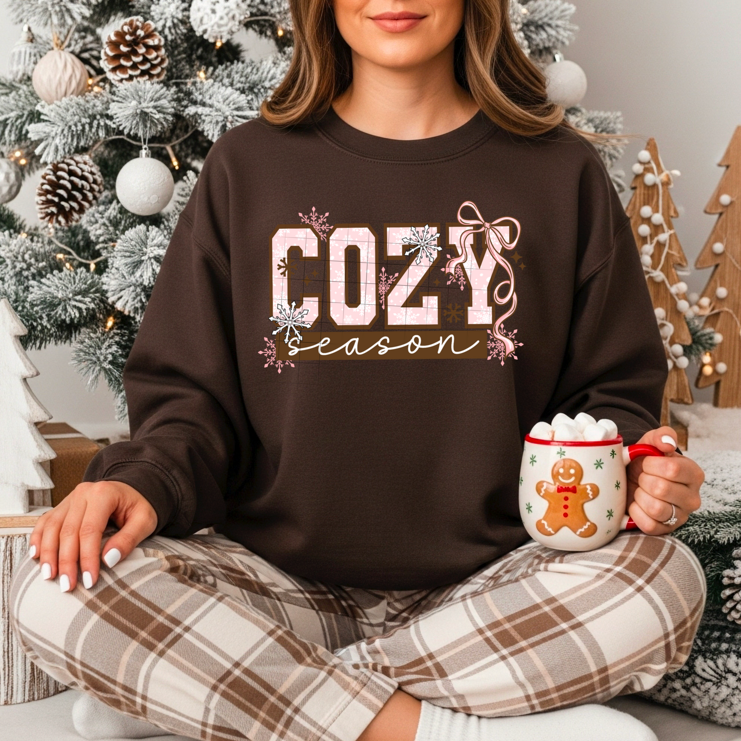 βοΈ Cozy Season Sweatshirt β Pink Bow & Snowflake Christmas Crewneck | Cute Winter Graphic Sweater | Unisex Cozy Pullover