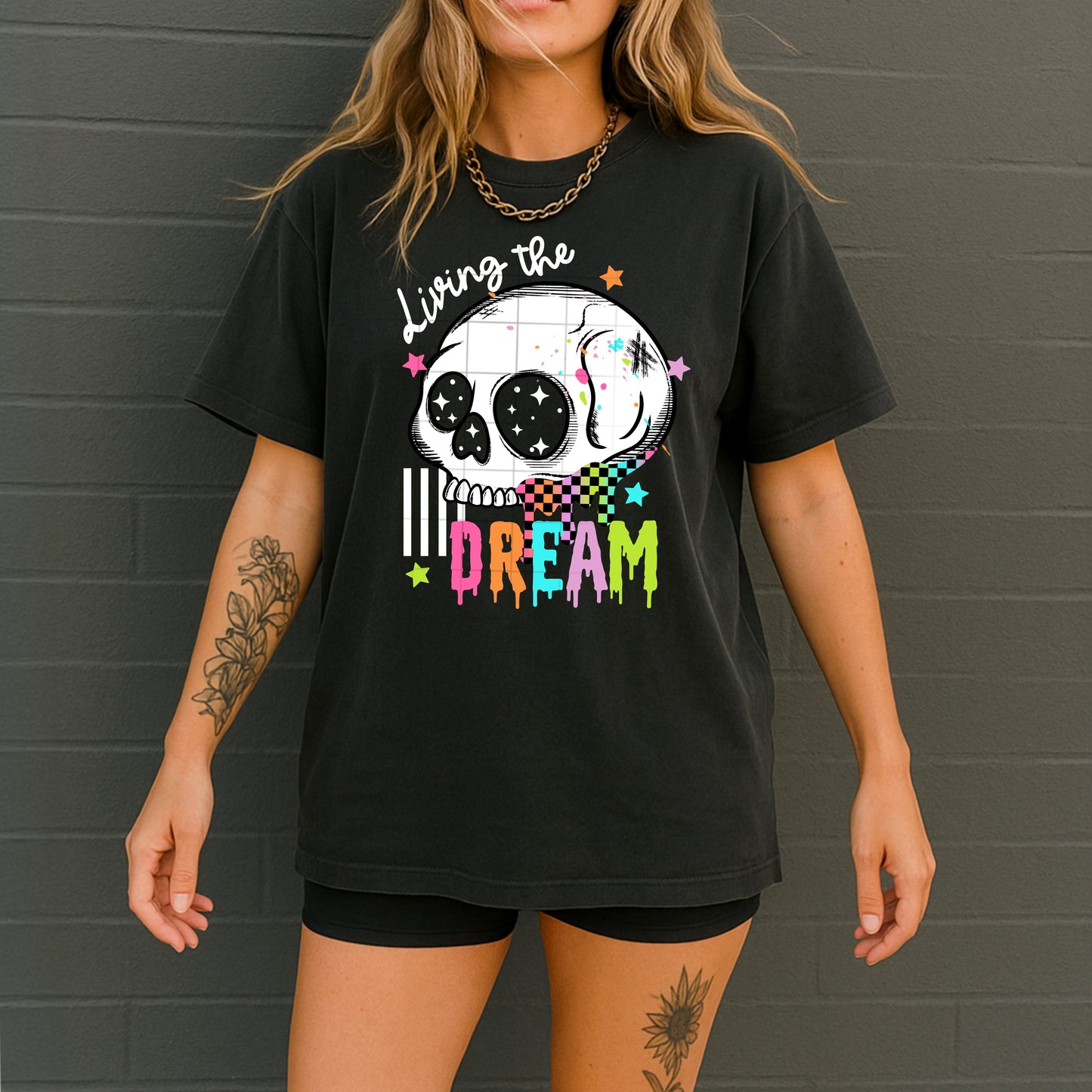 Living the Dream Skull T-Shirt – Neon Drip Retro Grunge Graphic Tee