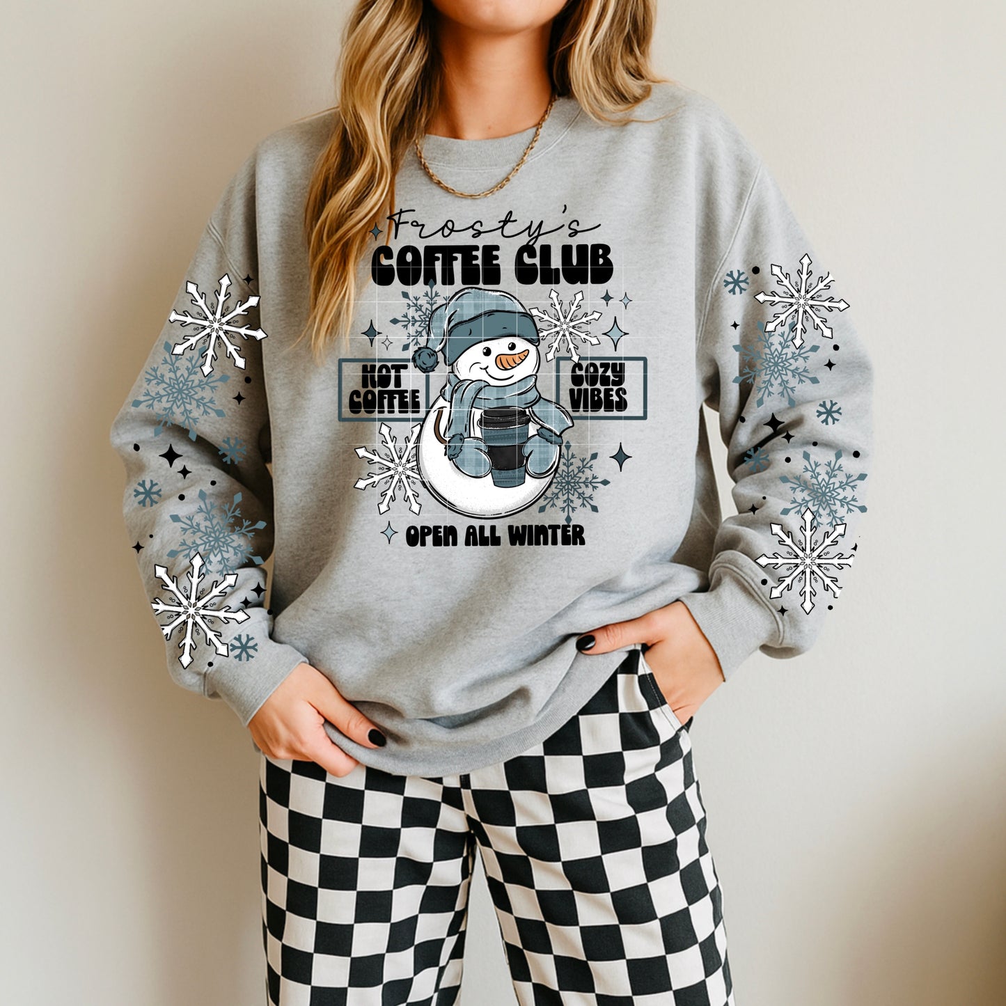 ⛄ Frosty’s Coffee Club Sweatshirt – Winter Snowman Coffee Crewneck | Cozy Vibes • Hot Coffee • Snowflake Sleeve Design | Unisex Pullover