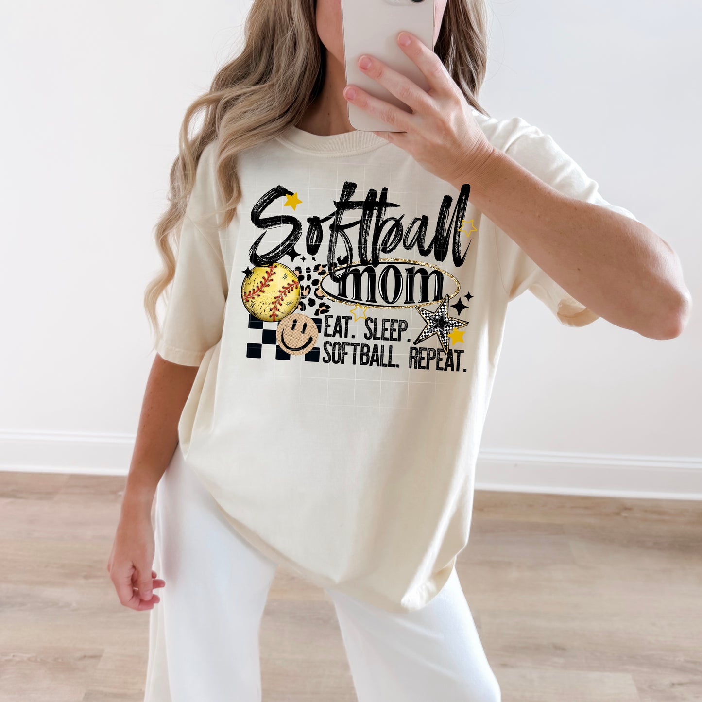 🥎 Softball Mom Graphic Tee | Eat Sleep Softball Repeat Shirt | Trendy Sports Mama T-Shirt | Cute Game Day Softball Tee