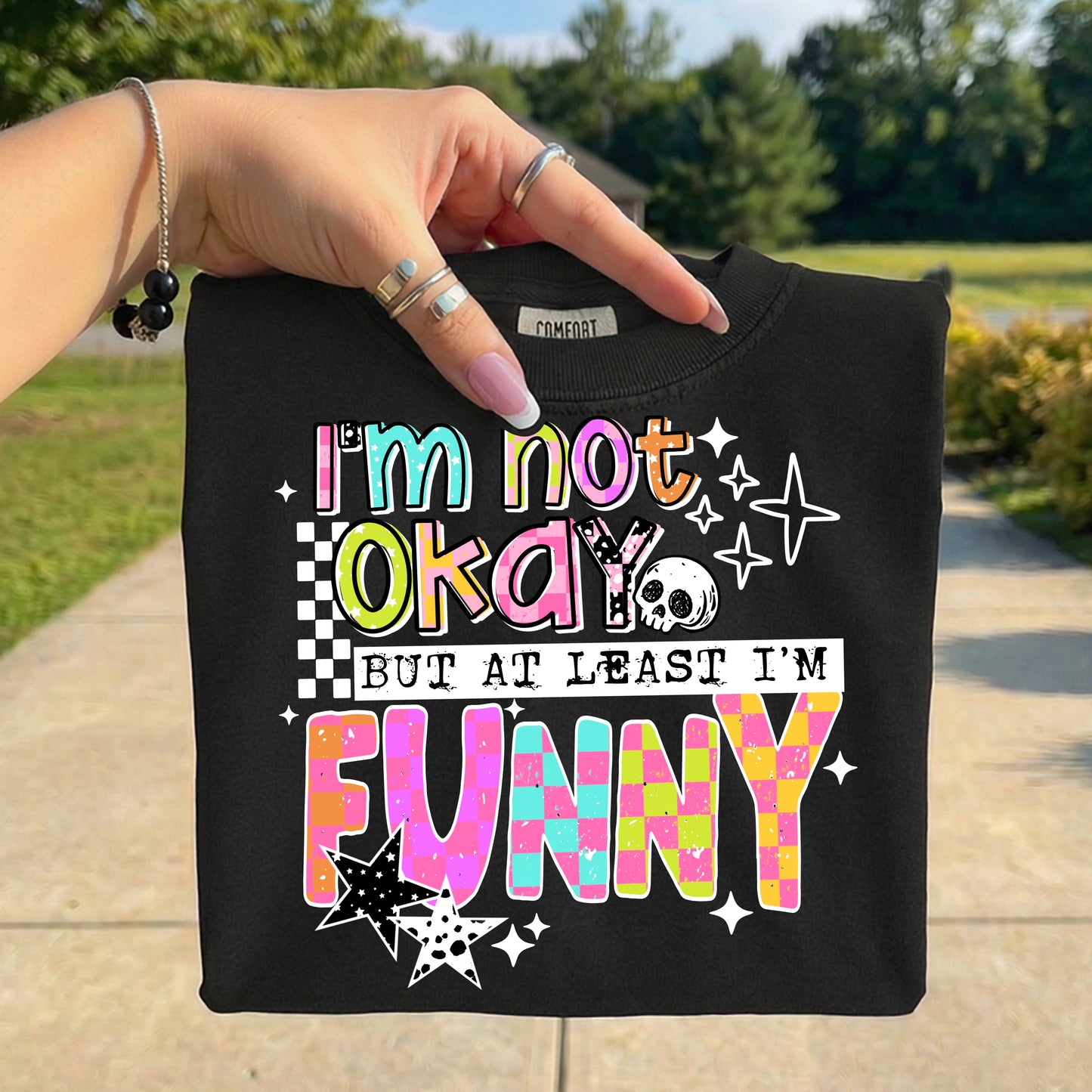 ✨ I’m Not Okay But At Least I’m Funny Shirt | Retro Mental Health Graphic Tee | Colorful Sarcastic Funny T-Shirt