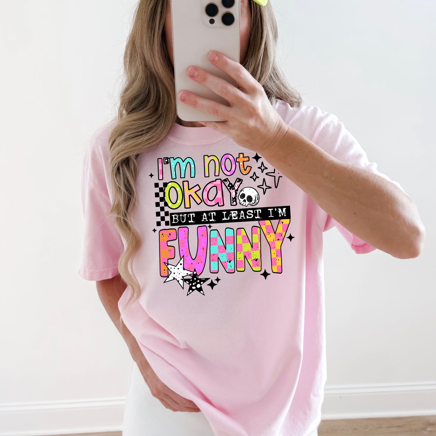 ✨ I’m Not Okay But At Least I’m Funny Shirt | Funny Mental Health Graphic Tee | Retro Checkered Sarcastic Tee