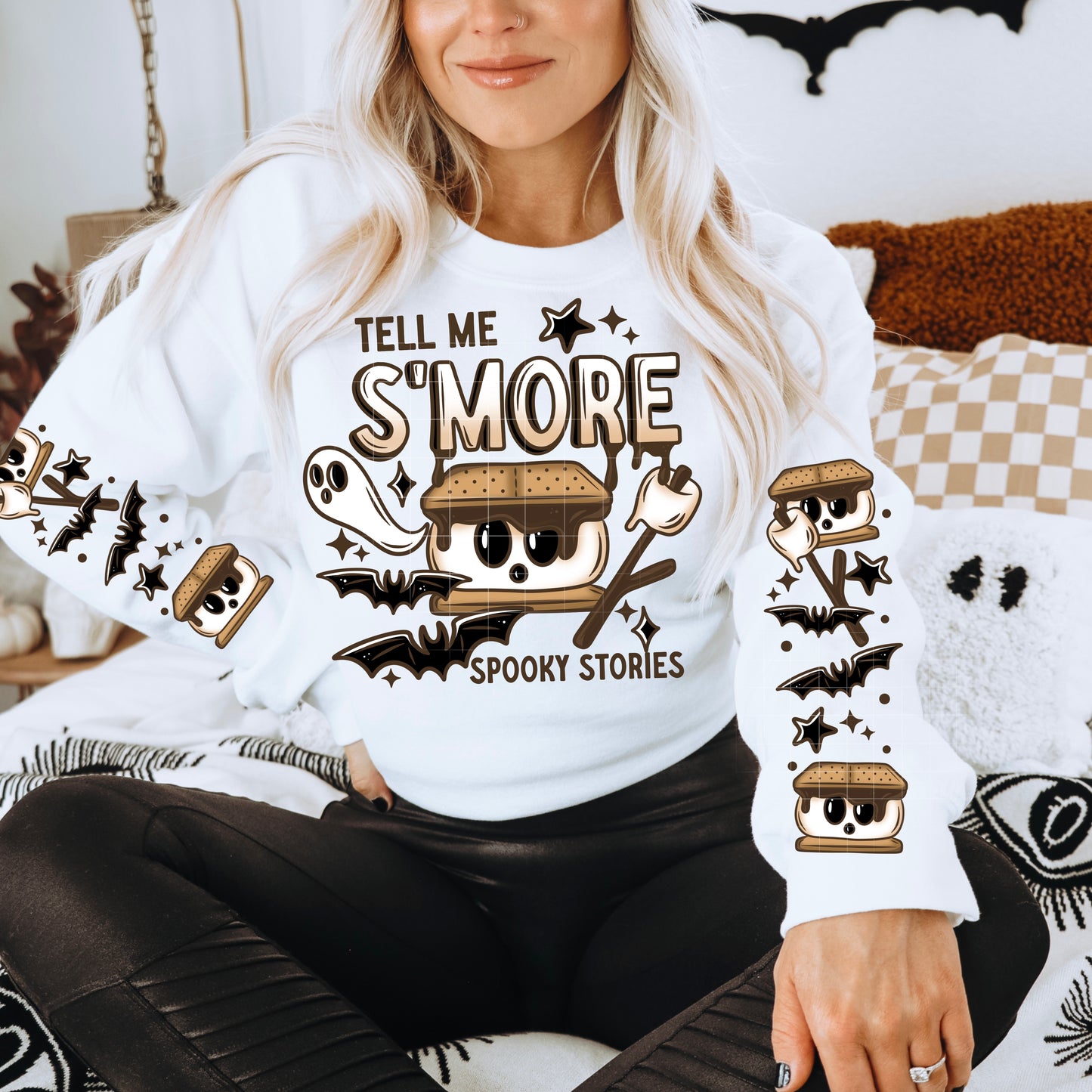 Tell Me S'More Spooky Stories Cute Halloween Campfire Graphic Crewnec