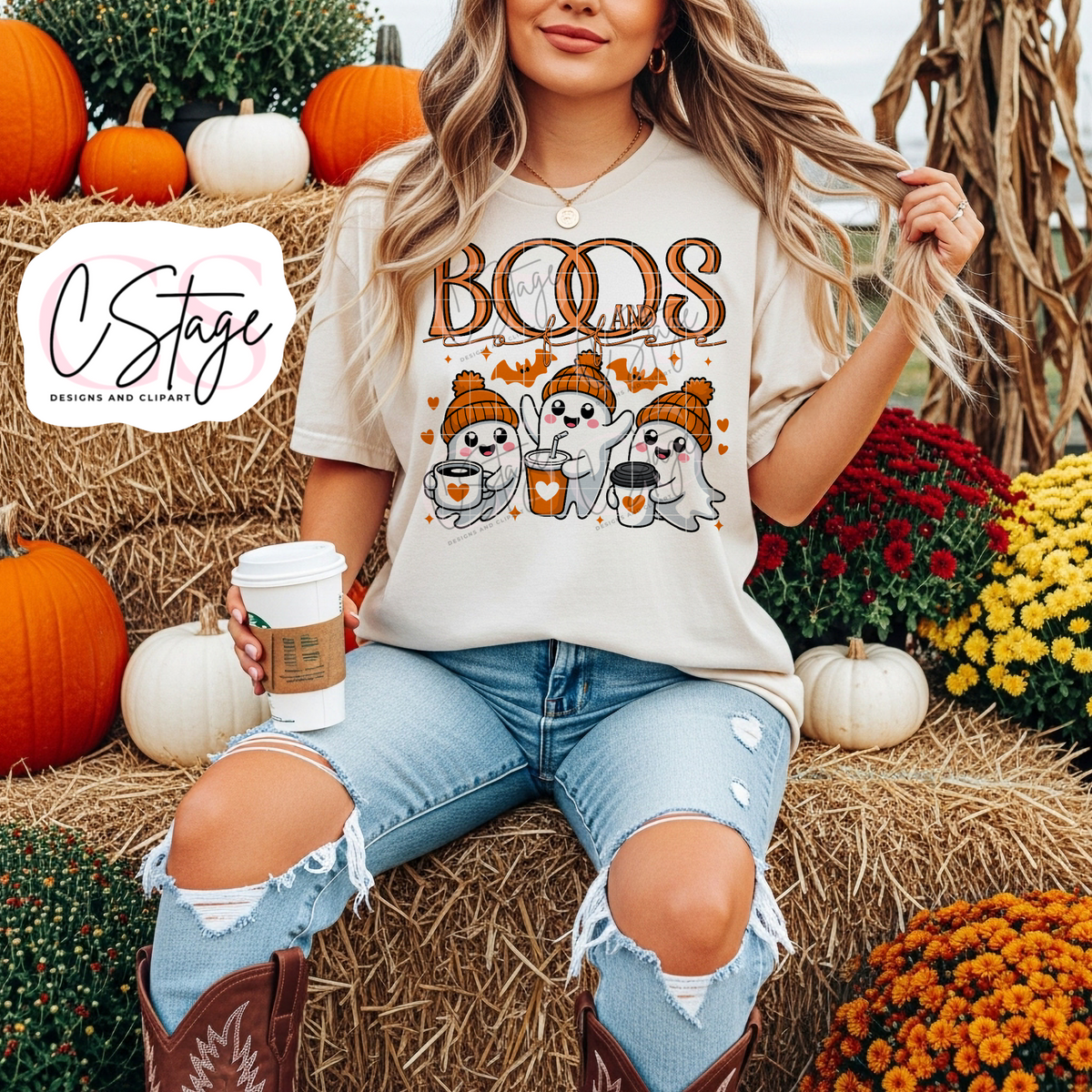 Boos and Brews Cute Ghosts Halloween Graphic T-Shirt mockup
