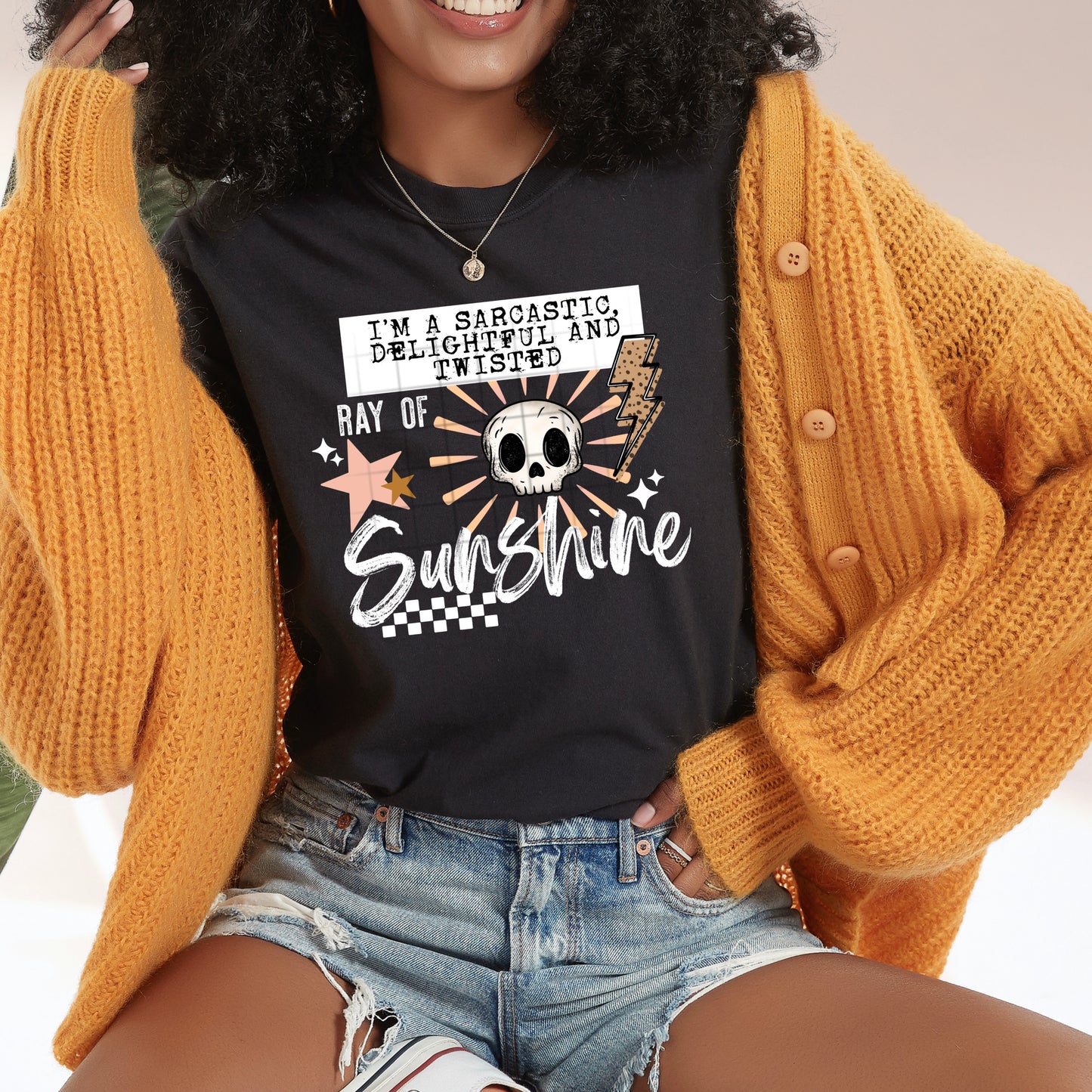 I'm a Sarcastic, Delightful and Twisted Ray of Sunshine Shirt | Funny Sarcastic Graphic Tee | Skull Humor T-Shirt | Sassy Women's Shirt | Trendy Gothic Graphic Tee | Unisex Statement Tee
