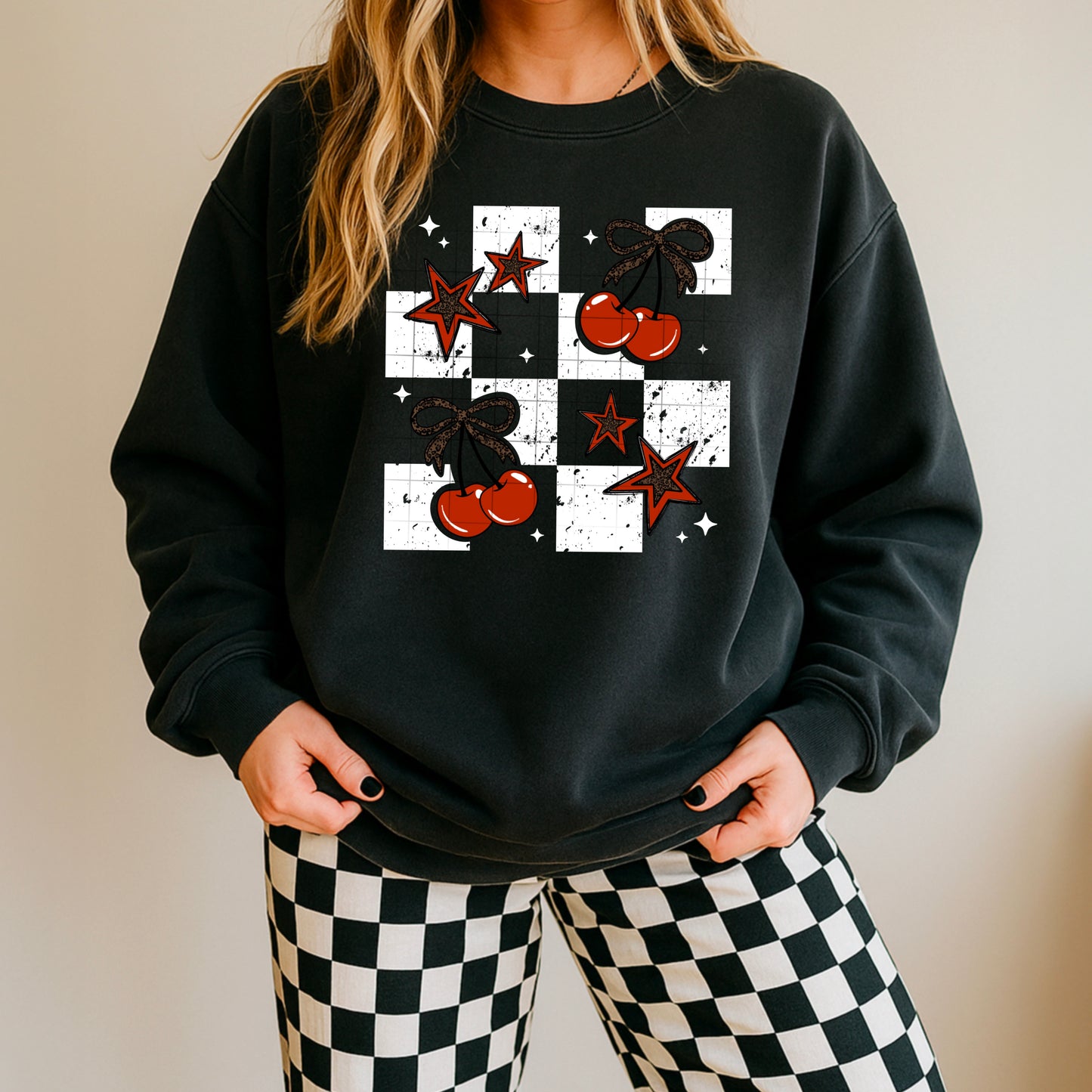 π Retro Cherries & Stars Checkered Sweatshirt β¨ β Cozy Graphic Pullover