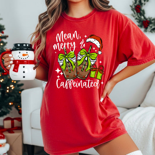 Mean, Merry & Caffeinated Christmas Holiday Coffee Lover Tee short sleeve