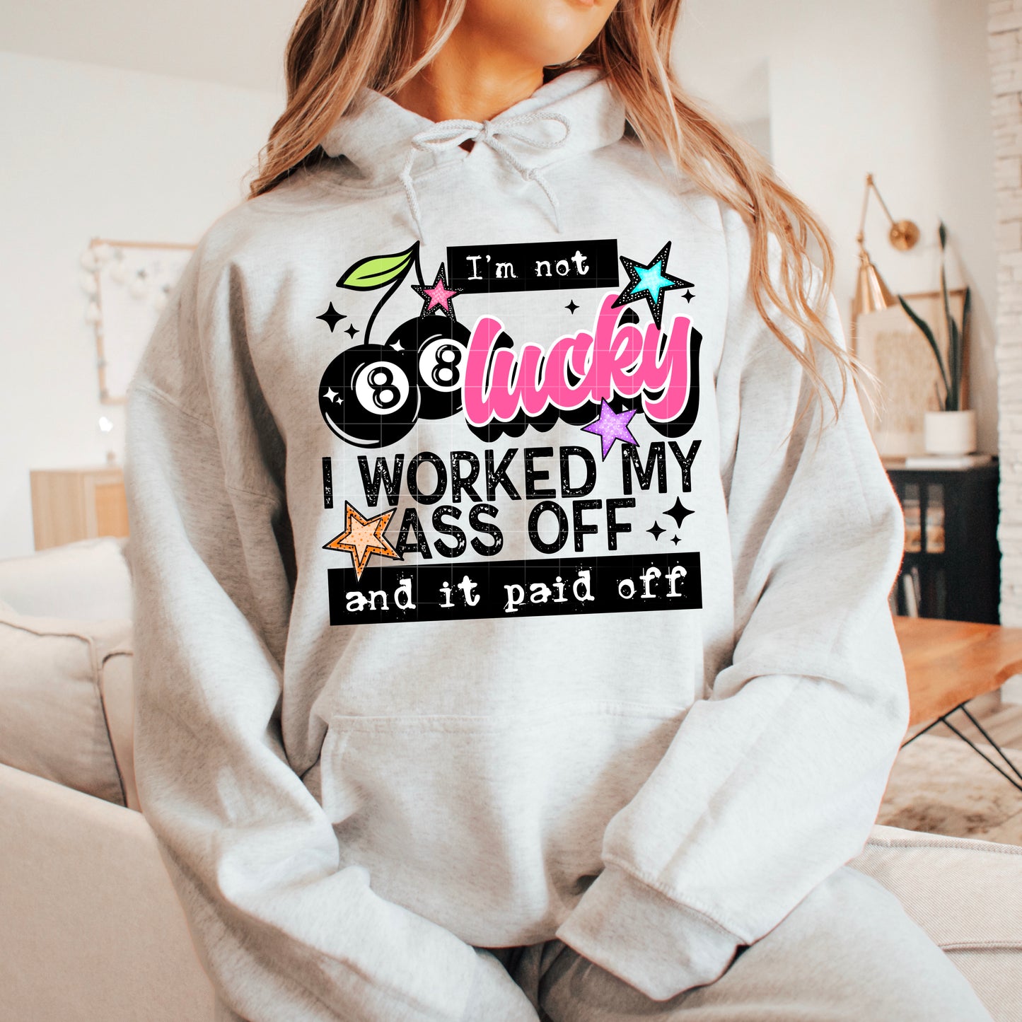 💪 I’m Not Lucky, I Worked My Ass Off Hoodie – Motivational Graphic Hoodie | Retro Stars & Cherries | Unisex Comfort Pullover