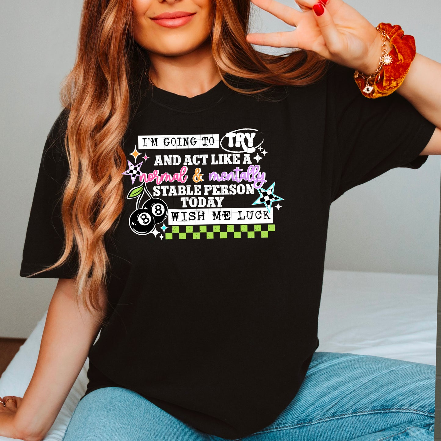✨ “I’m Going to Try to Act Normal Today” T-Shirt – Funny Mental Stability Graphic Tee | Retro Stars & Checkered Design | Unisex Soft Tee