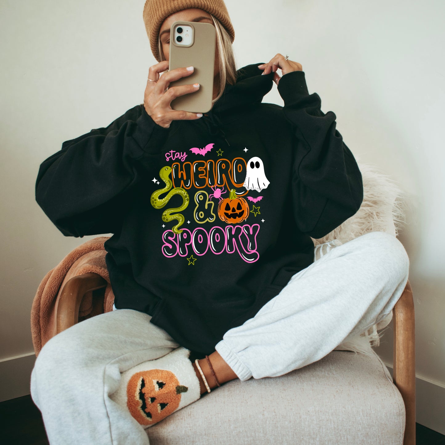 Stay Weird & Spooky Hoodie | Cute Halloween Ghost Sweatshirt | Retro Spooky Season Hoodie | Snake Pumpkin Graphic Pullover | Fall Halloween Gift 🎃👻🦇