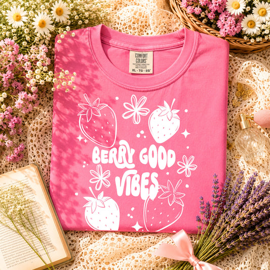 Berry Good Vibes Strawberry Shirt | Cute Strawberry Graphic Tee | Pink Summer Aesthetic T-Shirt | Cottagecore Floral Shirt | Fruit Lover Tee | Comfort Colors Style | Sweet Summer Gift ππΈπ