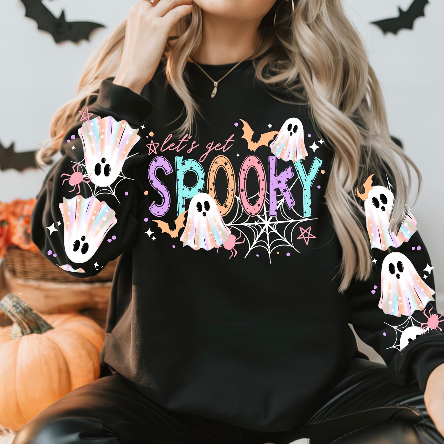 Let's Get Spooky Ghost Halloween Sweatshirt | Cute Ghost Sleeve Crewneck | Spooky Season Pullover | Pastel Ghost Halloween Sweatshirt | Fall Graphic Crewneck | Cozy Halloween Sweatshirt | Boo Crew Gift 👻🕸️🦇🎃