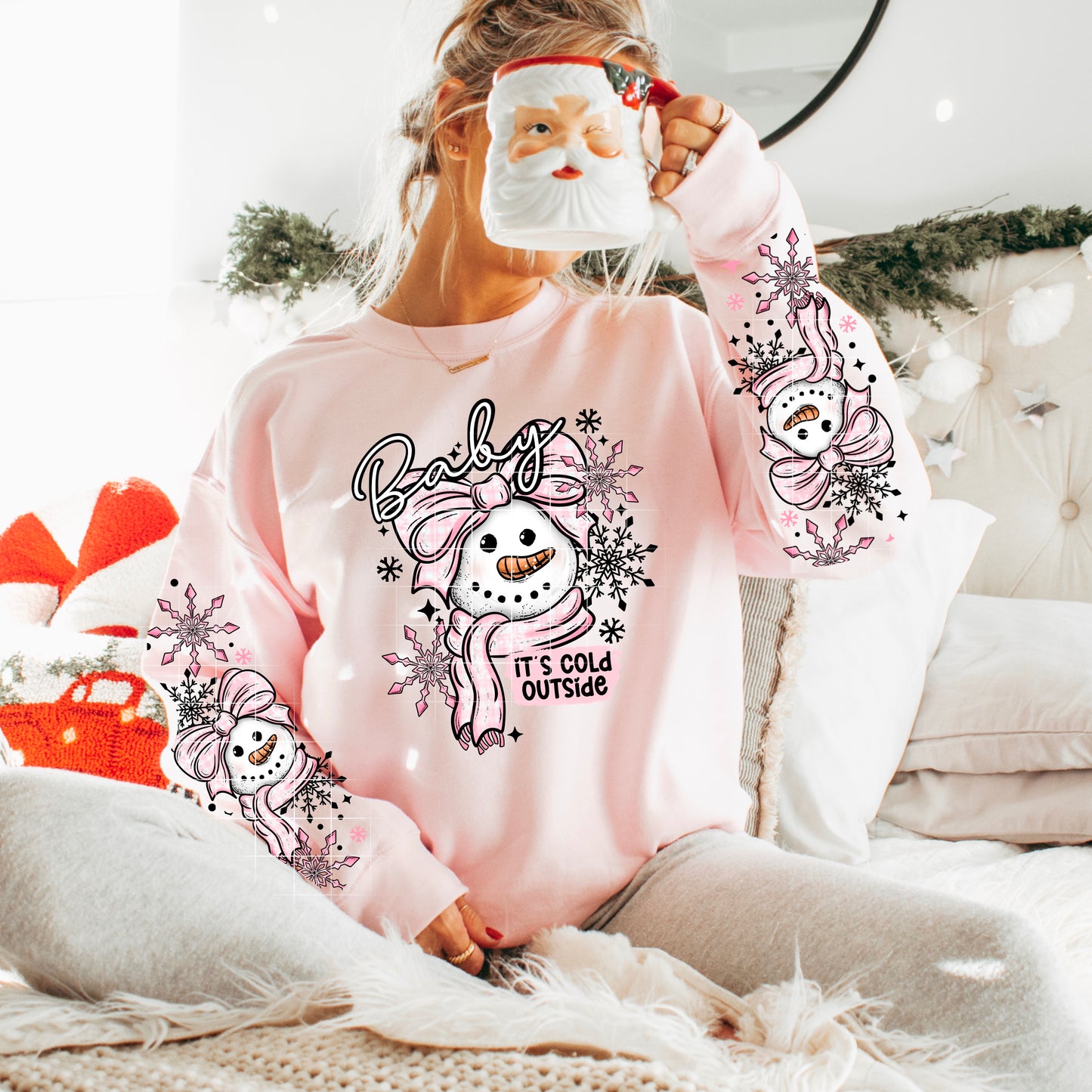 ❄️☃️ Baby It’s Cold Outside Snowman Bow Sweatshirt With Sleeves💗✨