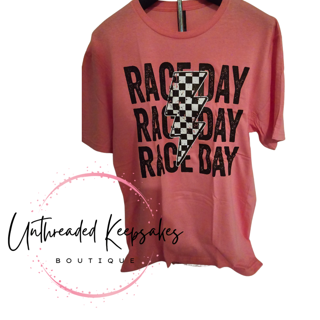 Race Day Checkered Bolt T-Shirt – Medium Women’s Graphic Tee | Track Style for Her