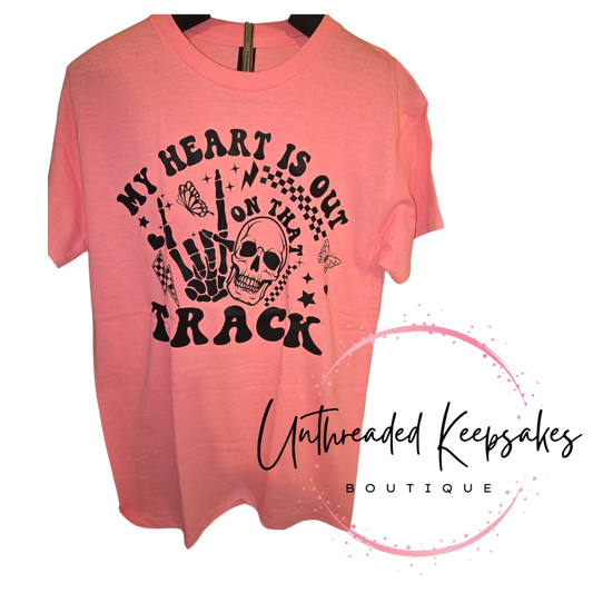 My Heart Is On That Track Tee β Small Womenβs Graphic T-Shirt | Racing Fan Shirt