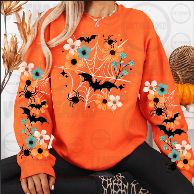 Halloween Floral Bats & Spiderweb Graphic Sweatshirt