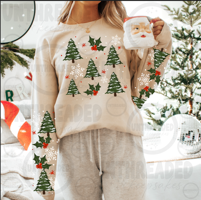 Christmas Trees, Holly & Snowflakes Graphic Sweatshirt
