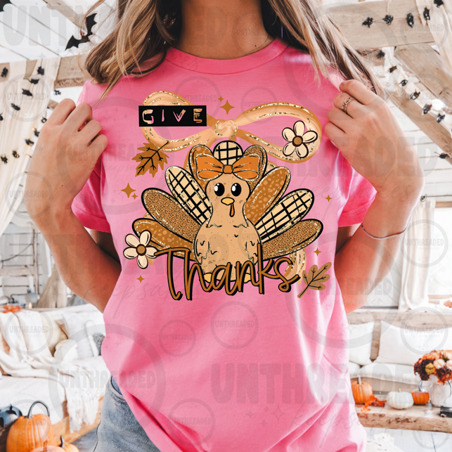 Give Thanks Turkey Coquette Bow Graphic T-Shirt