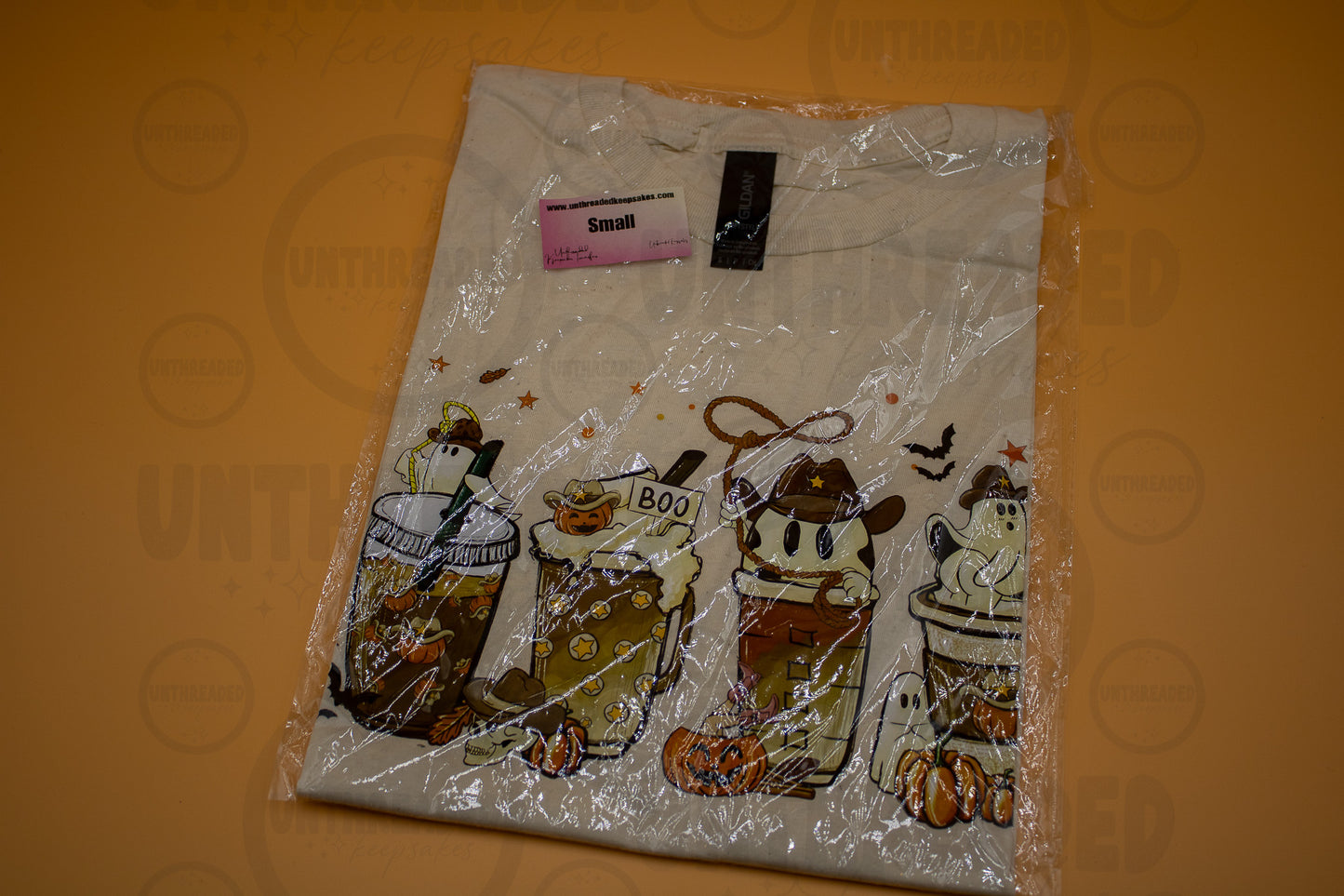 Western Coffee Ghost Tee – Small Women’s Graphic T-Shirt | Spooky Coffee Lover Shirt