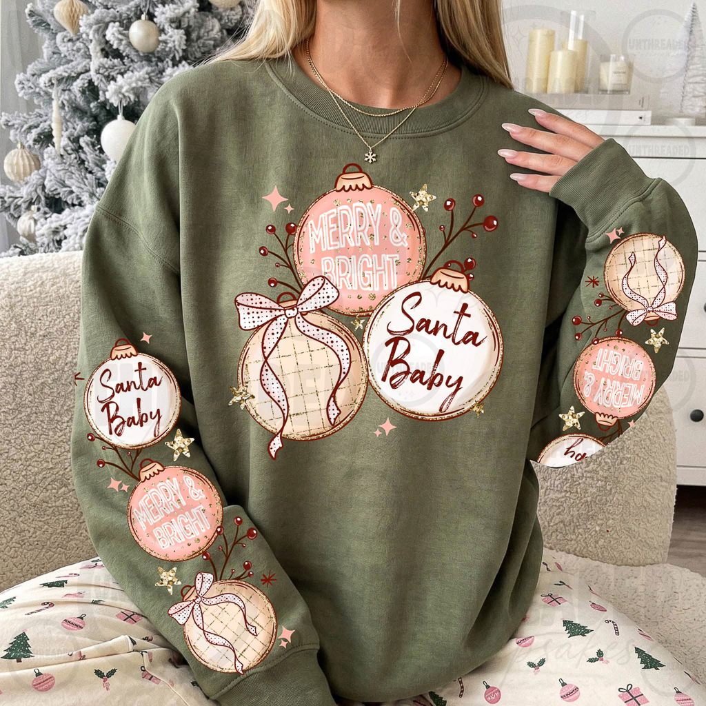 Santa Baby Merry & Bright Pink Christmas Ornaments Crewneck Sweatshirt