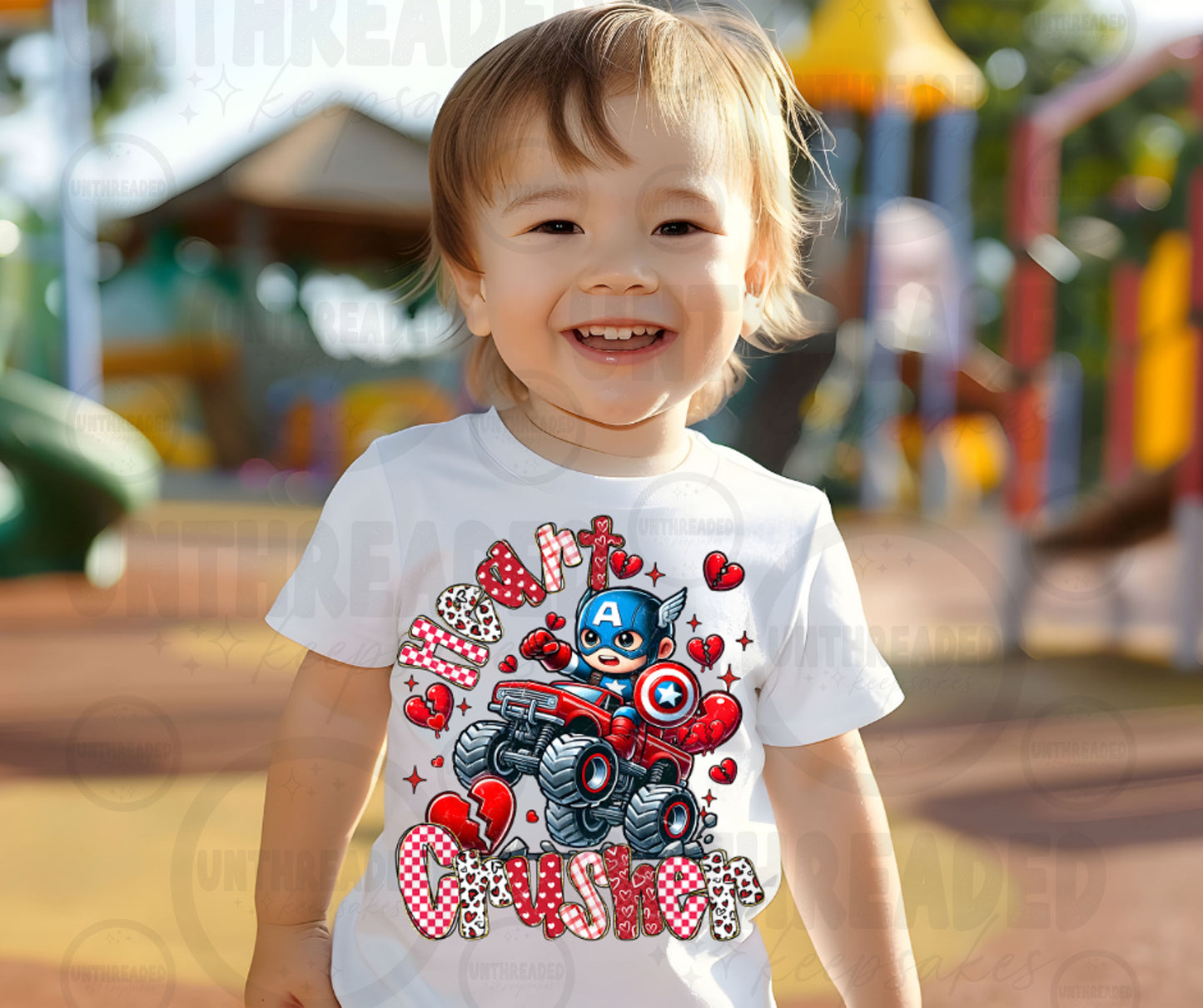 Heart Crusher Superhero Monster Truck Valentine Shirt – Toddler & Youth